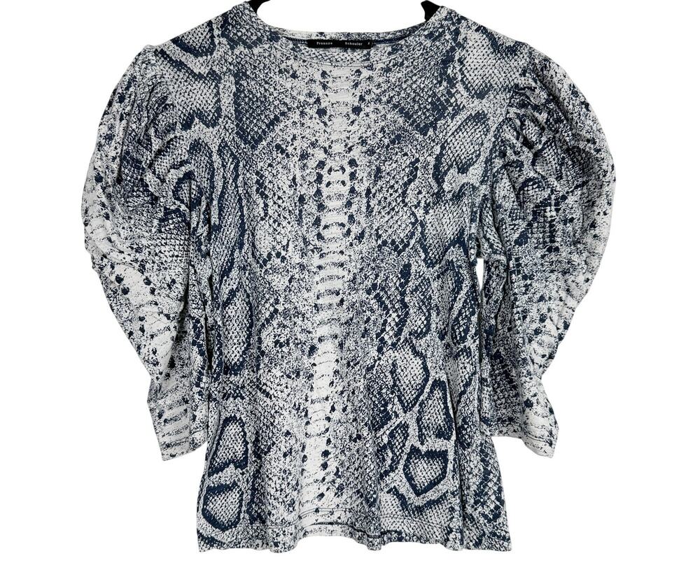 Proenza Schouler Snakeskin Print Puff Sleeve Shirt Top Blue Gray Cotton - M